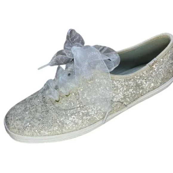 Keds by Kate Spade Champion Glitter Sneakers White Sheer Ribbon Laces Size 7 EUC - Picture 4 of 12
